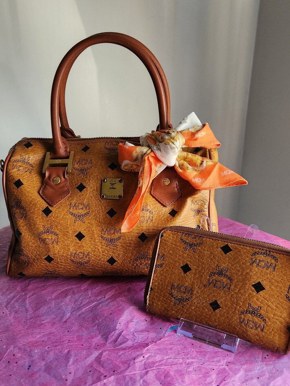 MCM Cognac and Black satchel 3 pc set EUC